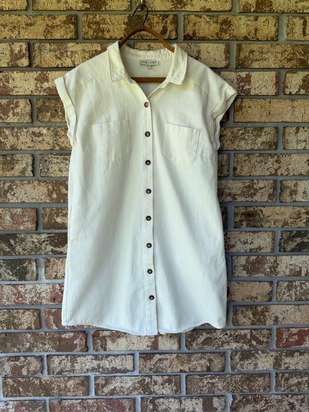 She + Sky Folded Cuff Button Down Washed Twill Shirt Dress Women’s Size Medium